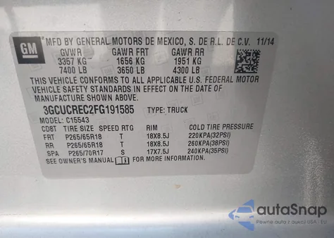 2015 Chevrolet Silverado 1500 1Lt from USA, damaged, VIN 3GCUCREC2FG191585